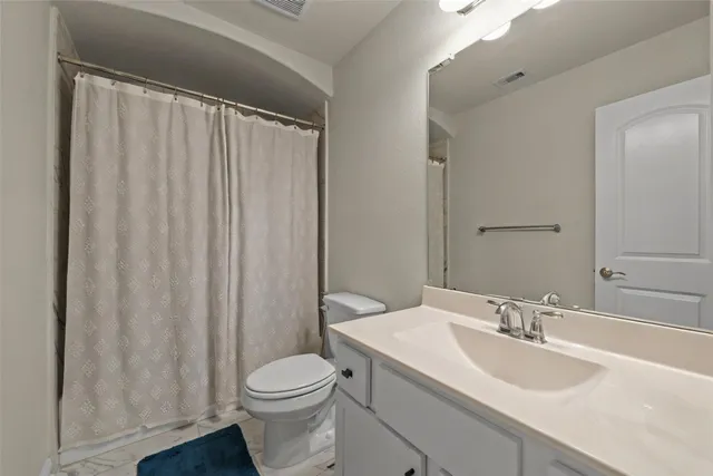 a bathroom with a sink a toilet and shower curtain