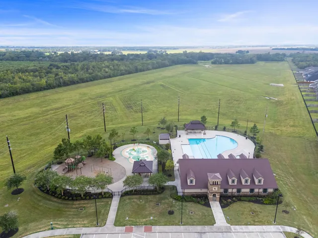 a view of a lake in middle of the town