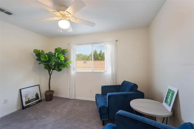 a view of a workspace with furniture and a potted plant