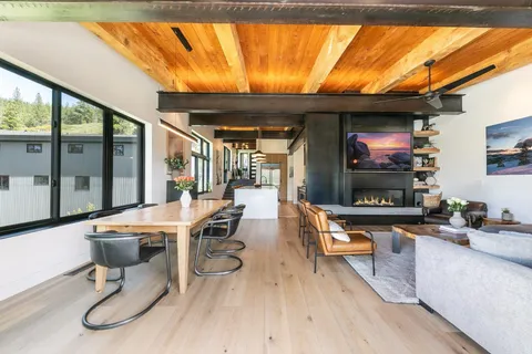 a outdoor dining space with furniture
