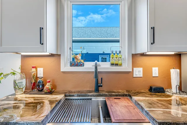 a room with a couch and a potted plant
