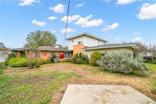 a view of a yard with plants and large trees