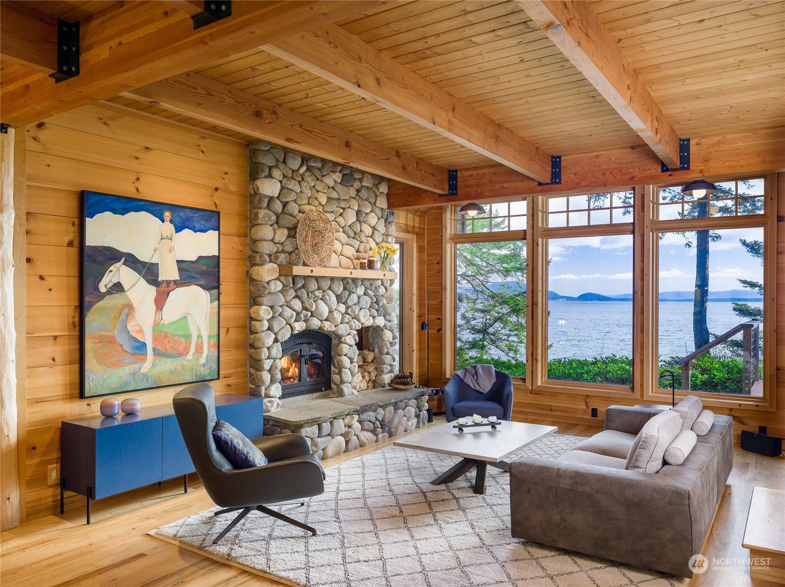 777 Eliza Road Lopez Island, WA 98261 - Photo 6 of 38 a living room with fireplace furniture and a large window