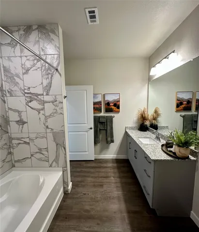 a bathroom with a bathtub sink and mirror