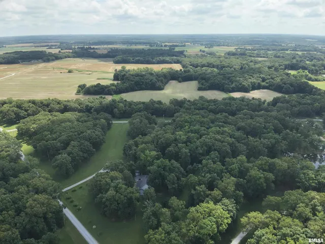 an aerial view of residential houses with outdoor space and trees