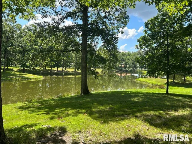 a view of a lake with a big yard and large trees