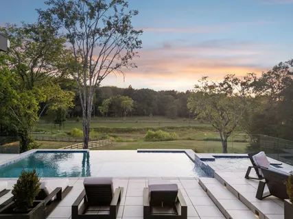 a view of a backyard with swimming pool and furniture
