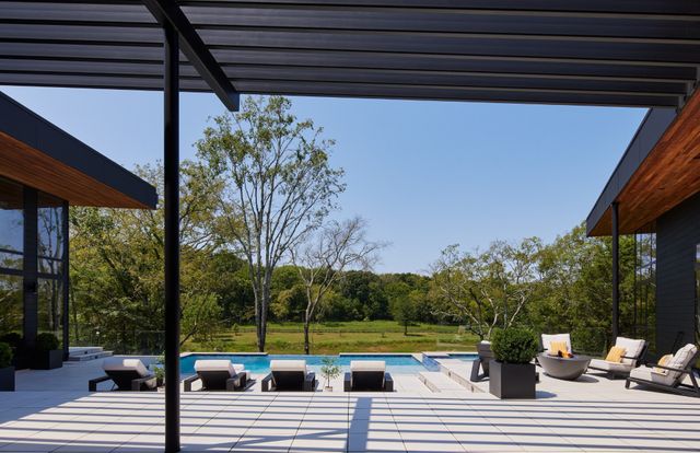 a view of a swimming pool with a yard