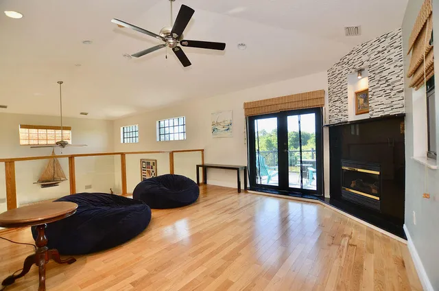 a view of a lake with couches