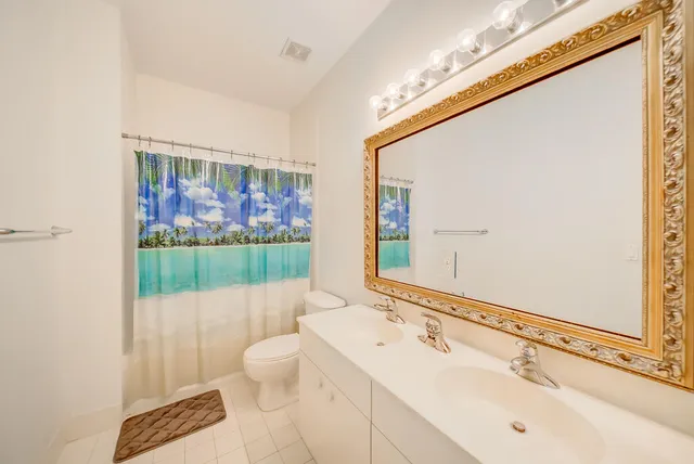 a bathroom with a sink mirror vanity and toilet