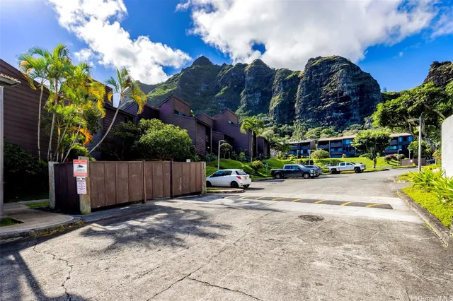 a view of a street with a large trees