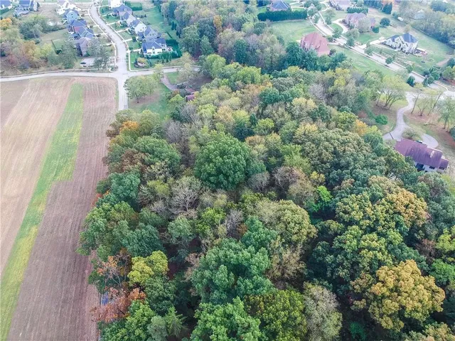 an aerial view of a houses with a yard