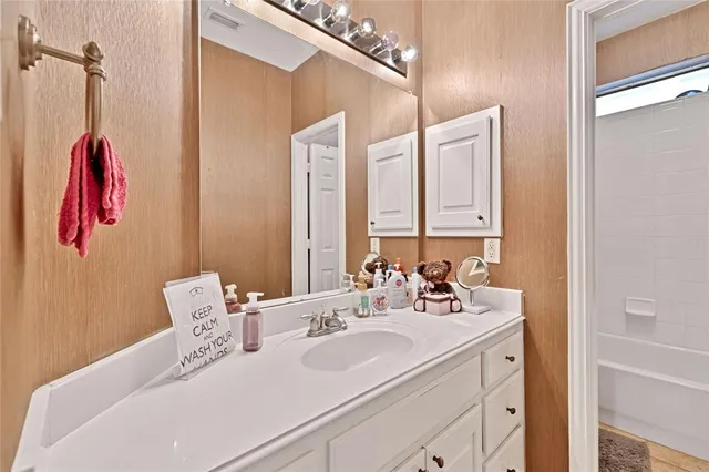 a bathroom with a sink and a mirror