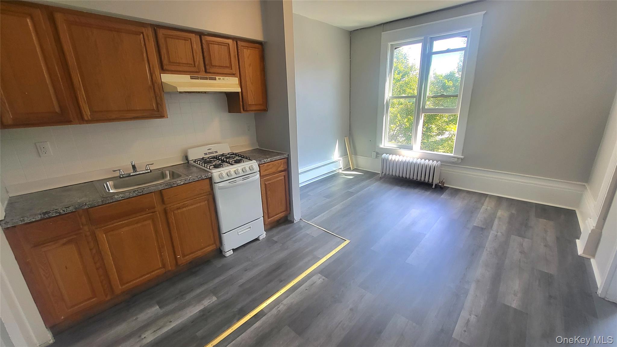 65 South Hamilton Street, Unit 9 Poughkeepsie, NY 12601 - Photo 8 of 20 a kitchen with stainless steel appliances granite countertop a sink a stove a refrigerator cabinets and wooden floor