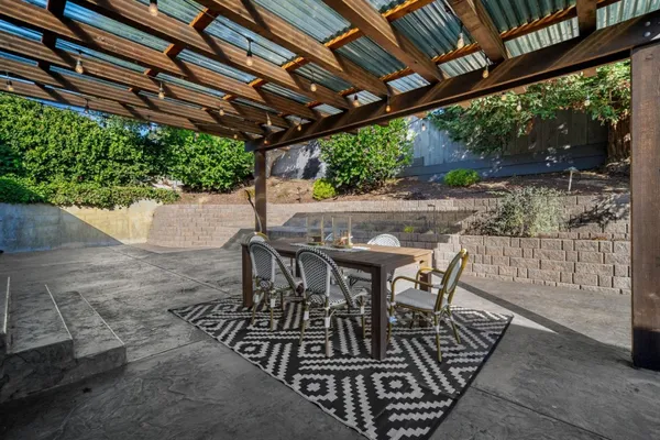 a view of patio with table and chairs and potted plants