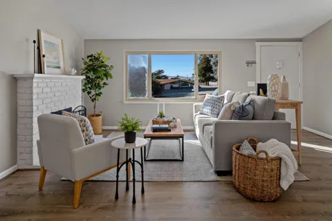a living room with furniture and a potted plant