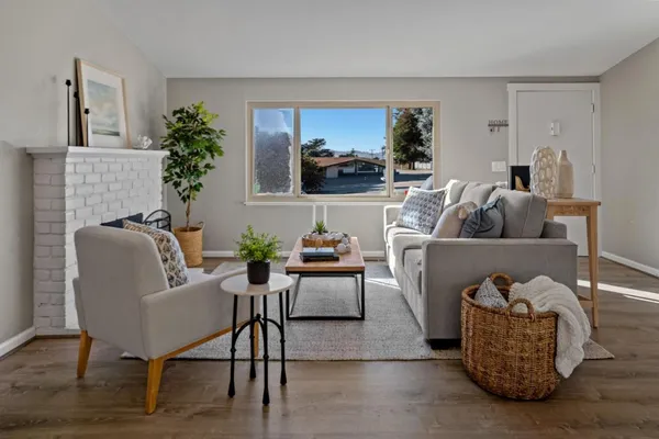 a living room with furniture and a potted plant