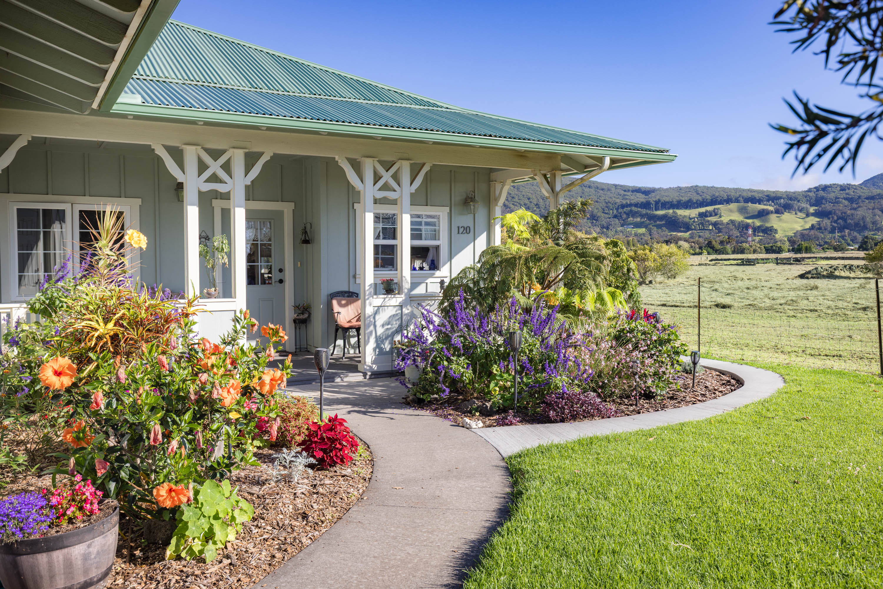 a front view of a house with a yard potted plant and a bench