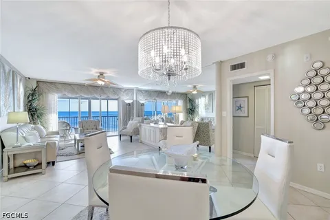 a view of a dining room with furniture