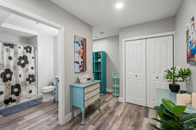 a living room with furniture and a potted plant