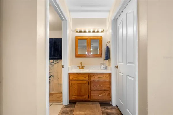 a bathroom with a sink and a mirror