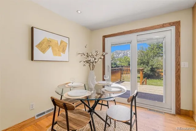 a view of a dining room with furniture window and wooden floor