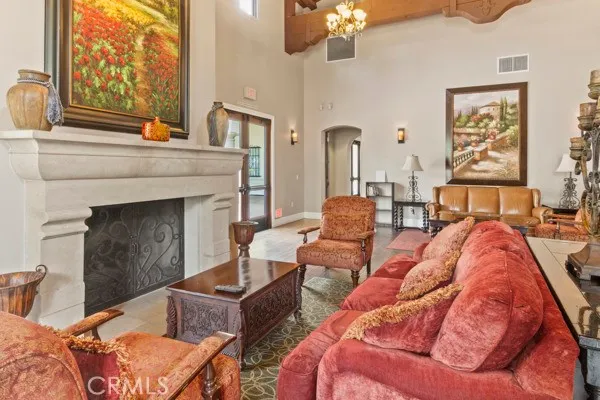 a view of a park with large trees