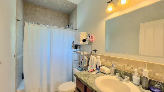 a bathroom with a sink vanity mirror and toilet