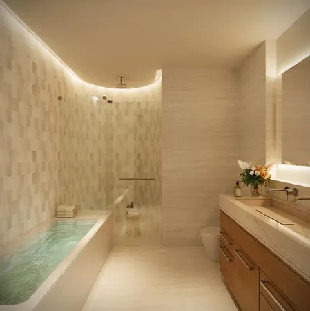 a bathroom with a double vanity sink toilet and shower