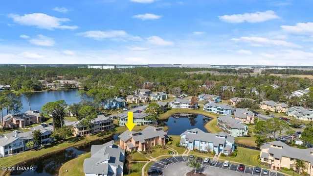 an aerial view of a swimming pool