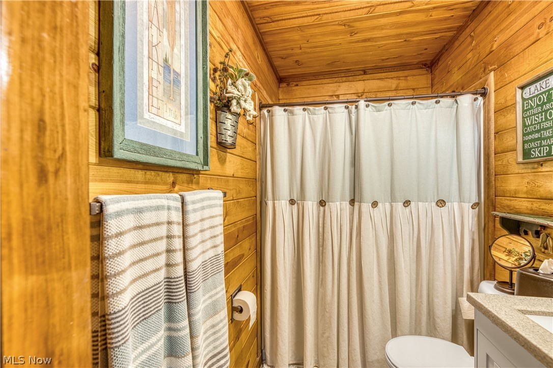 55265 Jim Ball Road Senecaville, OH 43780 - Photo 19 of 44 Bathroom with wooden ceiling, wood walls, vanity, and toilet