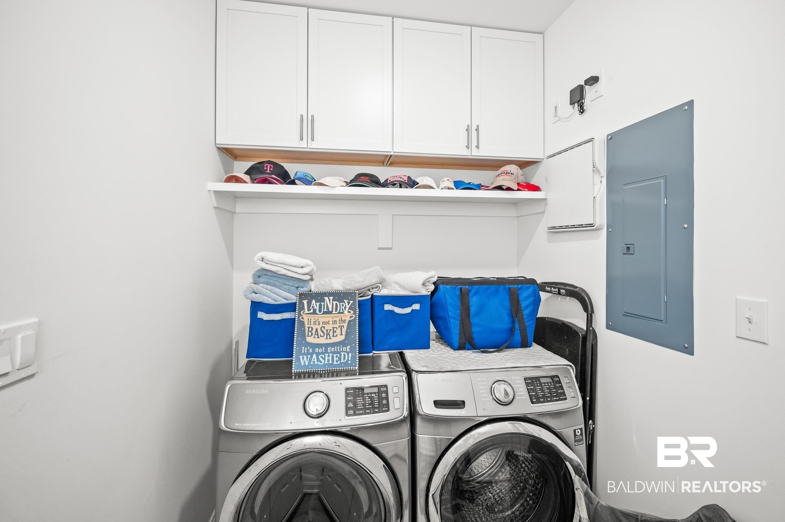 4601 Surrey Lane Orange Beach, AL 36561 - Photo 34 of 43 Laundry room featuring electric panel, cabinets, and separate washer and dryer