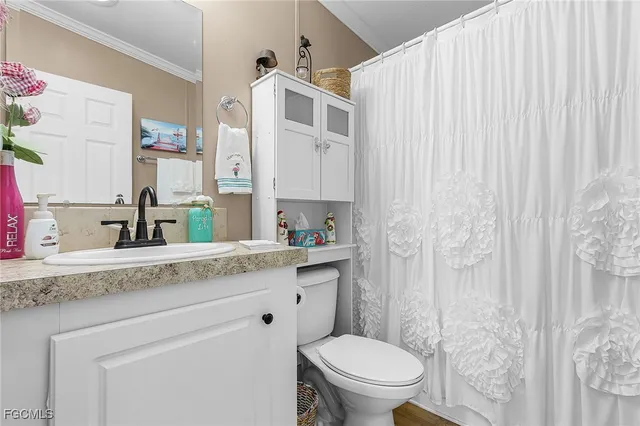 a bathroom with a granite countertop sink mirror vanity and toilet