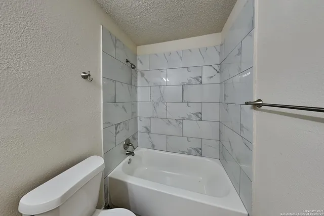 a bathroom with a toilet and bathtub