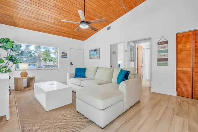 a living room with furniture and a potted plant