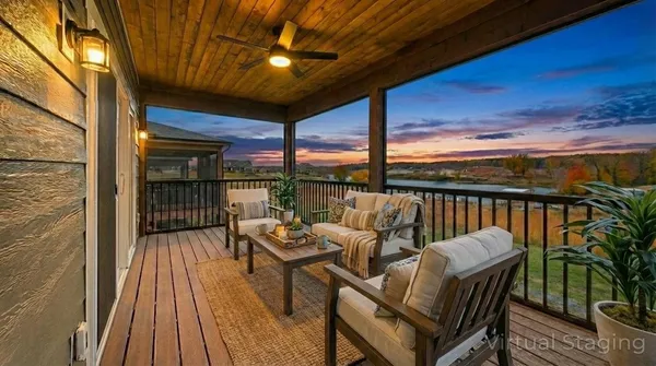 a balcony with wooden floor