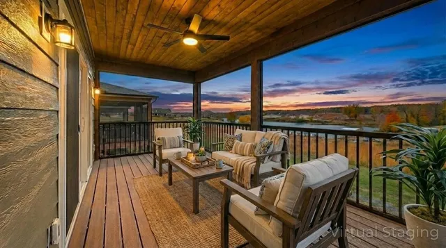 a balcony with wooden floor