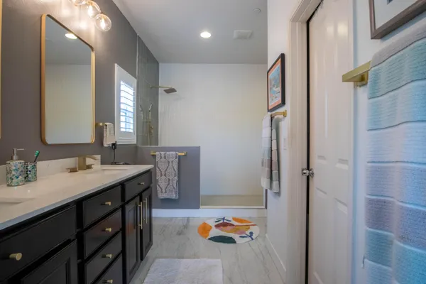 a bathroom with a double vanity sink a mirror and a shower