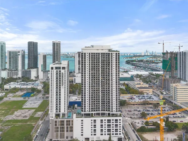 a city view with tall buildings