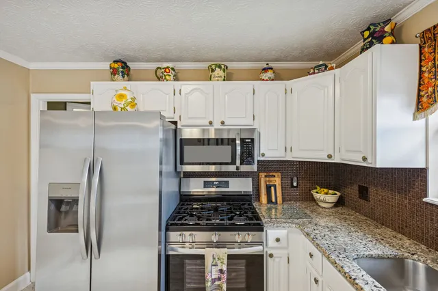 a kitchen with stainless steel appliances granite countertop a stove a sink and a refrigerator