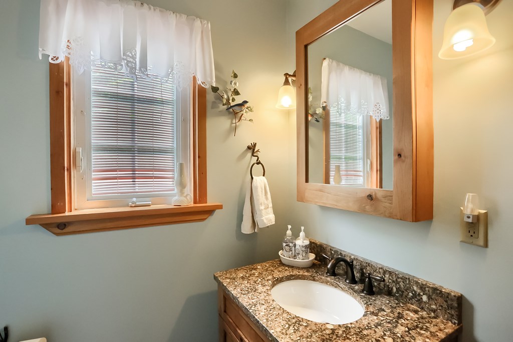3508 Canoe Ripple Road Sligo, PA 16255 - Photo 51 of 75 a bathroom with a granite countertop sink a mirror and a shower