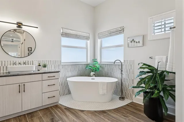 a bathroom with a potted plant and a sink