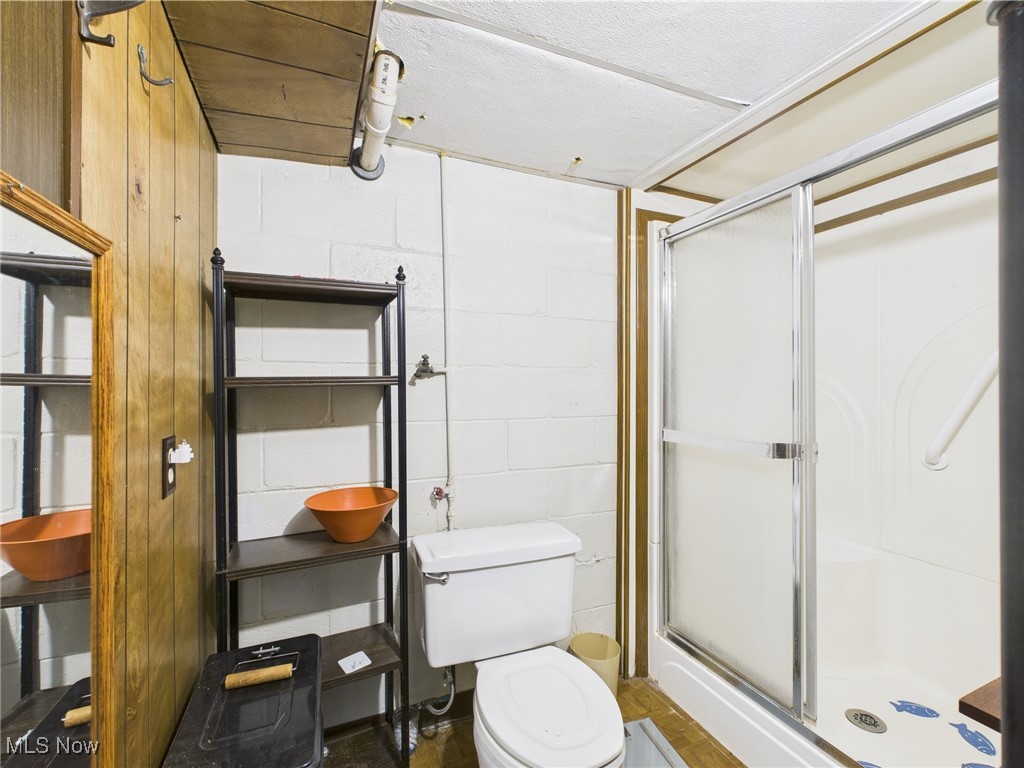 326 Highway 7 Powhatan Point, OH 43942 - Photo 19 of 32 Bathroom featuring toilet, a shower stall, and concrete block wall
