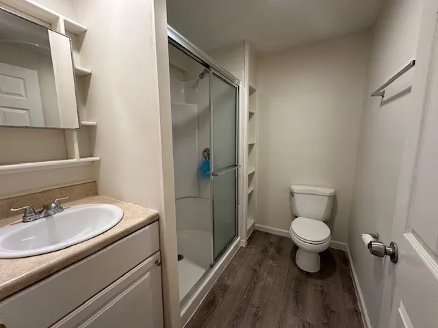 a bathroom with a sink toilet a mirror and shower