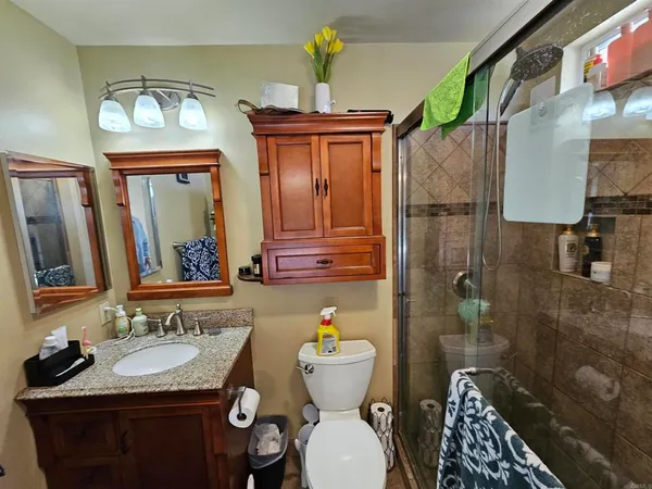 a bathroom with a sink a toilet and mirror