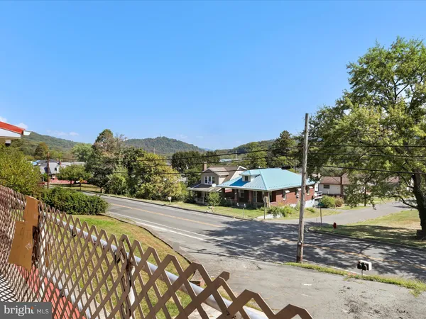 a view of a street with a large trees