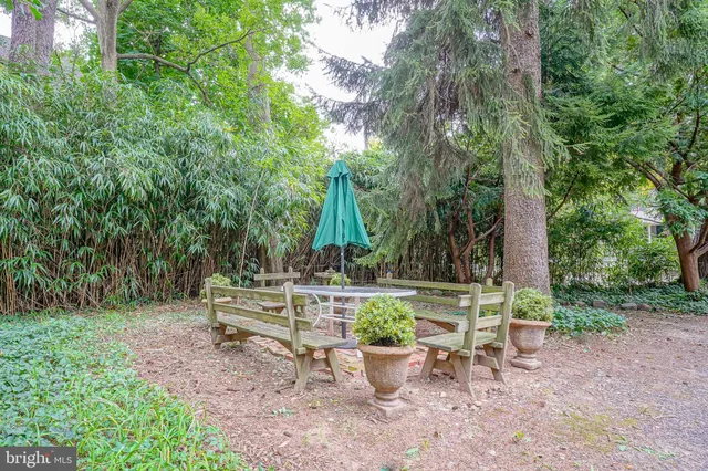 a view of a chair and table in the garden