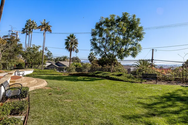 a view of a garden with a fountain