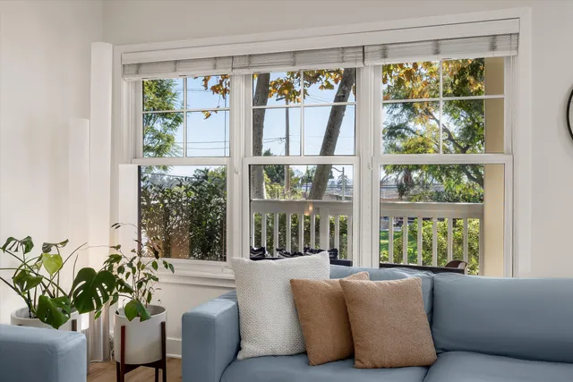 a living room with furniture and a potted plant