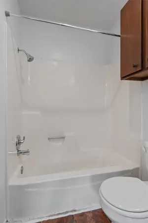 a bathroom with a shower and a toilet